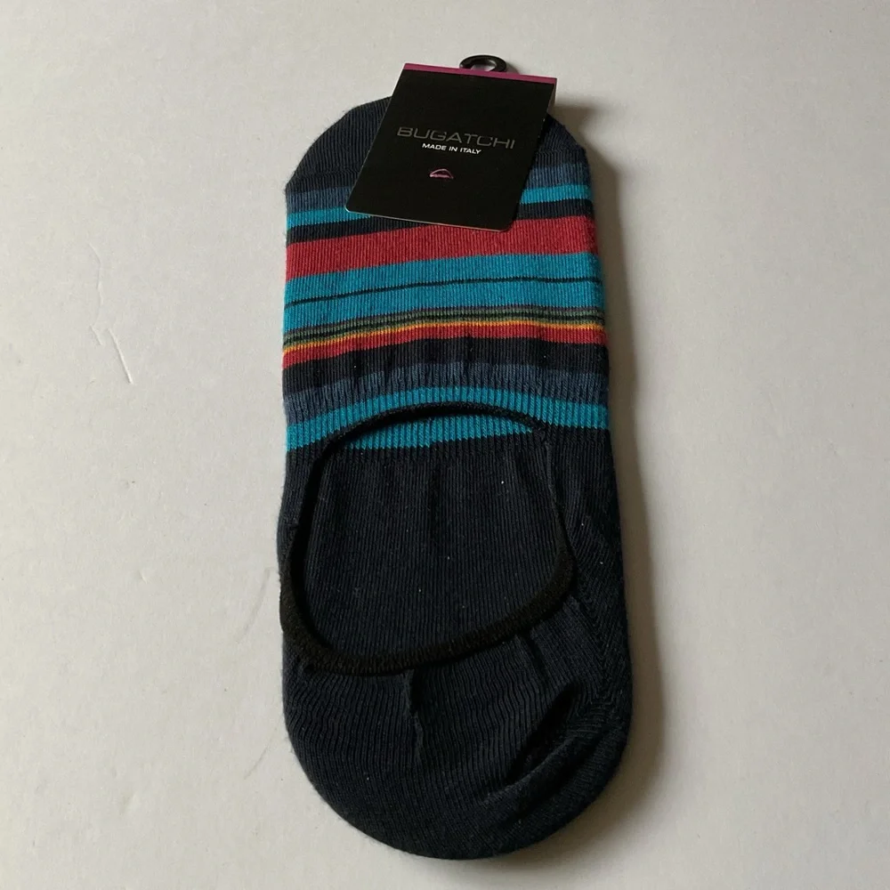 BUGATCHI MENS COTTON LINER SOCKS  BLUE MULTI-COLOR STRIPE OS NWT